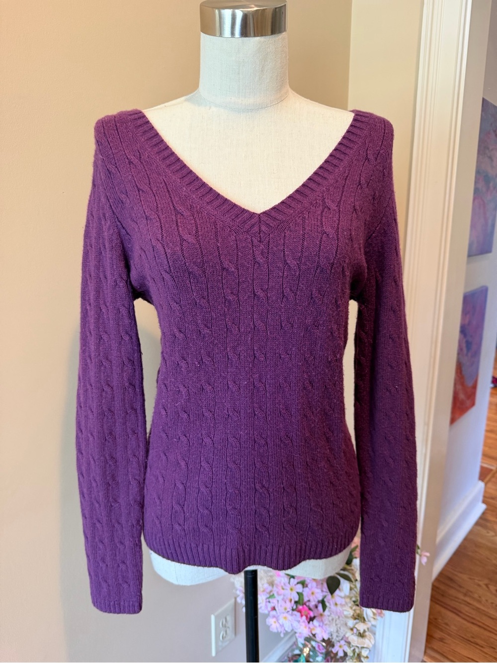 LOFT Purple Cable-Knit V-Neck Sweater